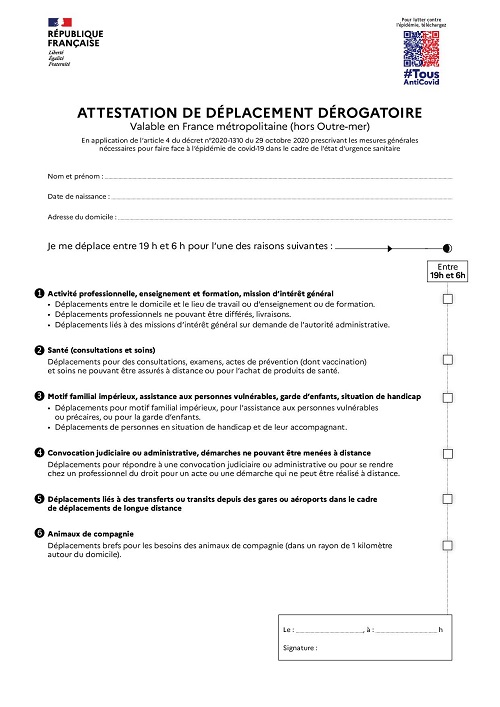 Attestation de déplacement dérogatoire valable en France métropolitaine (hors Outre-mer) - Copie